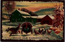 1909 GOOD OLD THANKSGIVING TURKEYS CHICKENS SNOW BARN EMBOSSED POSTCARD 34-68 picture