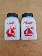 Vintage Set of Milk Glass Salt & Pepper Shakers  Red Sailboat  Ship  McKee picture