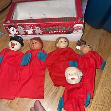 Vintage Christmas Holiday Hand Finger Puppets Set Of 6 With Box Vinyl Cloth picture