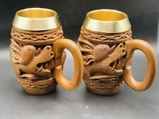 VTG Sufferring Moses Srinagar Kashmir 2 Stein Beer Mugs Wood Brass Carved Dragon picture
