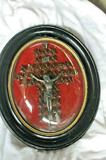 Antique napoleon III Crucifix leather framed behind convex glass religious  picture