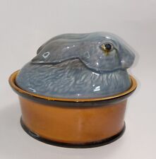 Vintage Glazed Secla Blue Nesting Rabbit Portugal Ceramic Pottery Oval Tureen picture