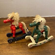 Vintage Christmas Wooden Rocking Horse Decor 4” Red Green Lot of 2 R6 picture