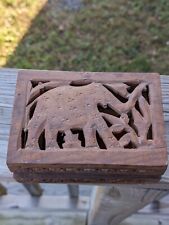 VTG Hand Carved India SHEESHAM WOOD Trinket JEWELRY Hinged Box Elephan Inlay 8x5 picture