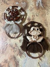 Vintage 70s Macrame Towel Ring Holder Wall Hang Ceramic Frog  Brown. Set of Two  picture