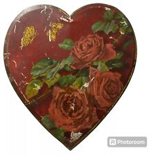 Antique TinDeco Valentines Candy Tin Original Hinged Heart Red Roses 1920s Rare picture