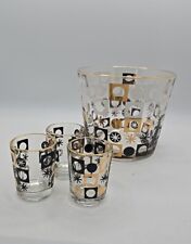 1960's Retro MCM Decor Black & Gold Glass Decorative Ice Bucket & 3 Shot Glasses picture