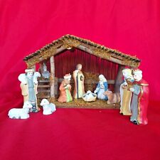 Vintage Porcelain Nativity Set 11 Figures Wood Manger Creche picture