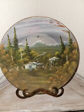 Hand Painted Metal Gold Miner Pan Mountain Landscape Scene VTG picture