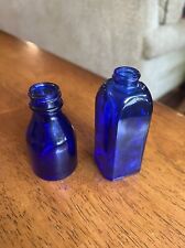 Vintage Cobalt Blue Small Glass Medicine Bottles Antique Jars Empty Lot Of Two picture