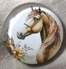 NEW LRG GLASS DOME PICTURE BUTTON - BROWN BOHO HORSE #2 W FLOWERS    30mm picture