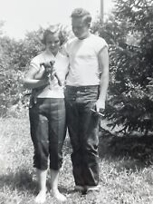 M8 Photograph Couple 1950's Holding Puppy Denim Jeans Greaser Man Woman picture