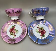 2 Royal Halsey Very Fine Rose Teacup Saucer Iridescent Lusterware Pink Blue picture