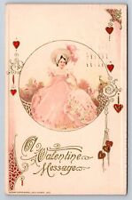 Postcard Valentines Day John Winsch Young Woman Pink Dress Flowers c1913 AD26 picture