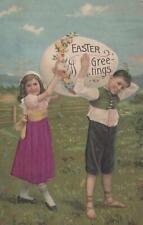 Postcard Easter Greetings Little Girl Silk Dress + Boy With Giant Easter egg  picture