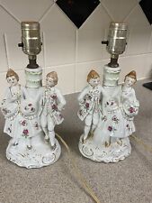 2 Vintage Porcelain Victorian Courting Couple Boudoir Table Lamps Japan Work picture
