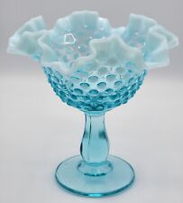Vtg-Fenton Glass Blue Opalescent Ruffled Hobnail Compote/Candy/Signed NRC14136 picture