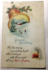 Antique Vintage Postcard Christmas Bell Fireplace Holly Snow USA Posted 1 cent picture