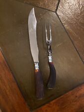 Antique Meriden Cutlery Co Horn Antler Bone Handle 2pc Carving Set KNIFE & FORK picture