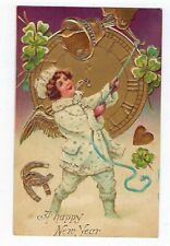 1907 New Year Postcard  Angel Ringing Bell Horseshoe Clovers - Embossed Posted picture