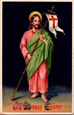 A Happy Easter Greetings Jesus Holding Red Cross Flag Holiday Vintage Postcard picture