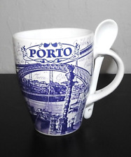 Traditional Porto Portugal Themed Ceramic Coffee Mug w/White Spoon Blue Scenes picture