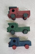 Vintage Set Of 3 Wooden Truck Ornaments Wheels Move Red Green Blue Miniature  picture