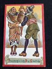 Vintage postcard Indian with Pilgram Sharing Turkey Thanksgiving Embossed picture