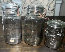 3VTG BALL IDEAL CLEAR GLASS QUART CANNING JARs W/WIRE BAIL & GLASS LID PATD 1908 picture