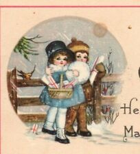 C.1920s Merry Christmas Adorable Children Hand Muff Snow Scene Postcard  A117 picture