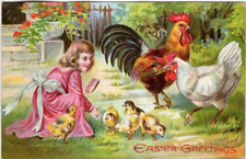 1909 ANTIQUE EMBOSSED EASTER Postcard      YOUNG GIRL KNEELING, FEEDING CHICKS picture