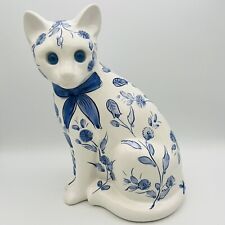 Vtg Ceramic ELPA Alcobaca Cat Blue Floral w Glass Eyes Sitting Made In Portugal picture