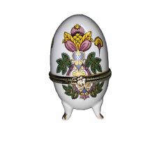 Vintage Limoges France Porcelain Egg Trinket Box Footed White Floral Print  picture
