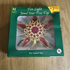 Vintage Jeweled Lighted Tinsel Star Christmas Tree Topper Red Gold 8” picture