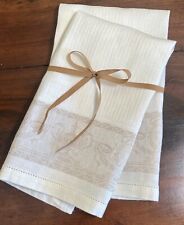 Pair Vtg Damask Guest Hand Towels Pure Linen White & Taupe Elegant Hemstitche picture