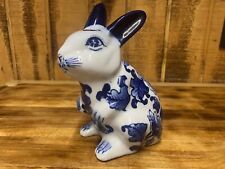 Chinoiserie Cobalt Blue & White Porcelain Bunny Rabbit Figurine 8” picture
