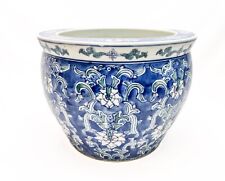 Vintage Chinese Floral Blue & White Porcelain Fishbowl Planter -  picture