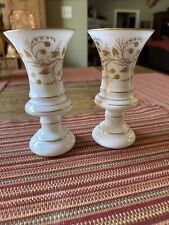 Antique Pair of White Opaline Handpainted Gilt 6.5” Vases W/ Fluted Edge picture
