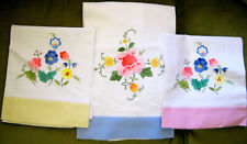 Lovely NOS Mid Century HAND APPLIQUED Colorful Floral  KITCHEN TOWELS 3 Pc picture