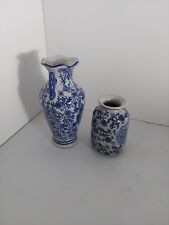 2-Vintage Chinese Blue & White Vase Double Happiness Butterfly With Handles picture