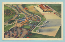 LOVELY EARLY LINEN PC BUSY MUNICIPAL AIRPORT WITCHITA KS CARS PEOPLE PLANES + + picture