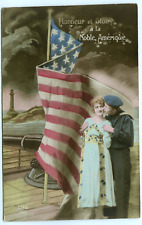 Honor & Glory to Noble America Sailor and Woman American Flag Patriotic Postcard picture
