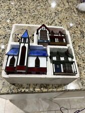 Tiffany Style Lighted Stained Glass Cathedral Vintage Christmas Village Set picture