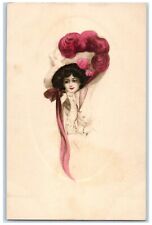 c1910's Pretty Woman Big Hat Hand Painted Embossed Unposted Antique Postcard picture