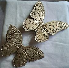 2 Vintage HOMCO Gold-tone Butterflies Plastic Hanging Wall Art Decor MCM 1971 picture