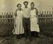 Young Man Standing With Arms Around Two Women B&W Photograph 2.75 x 4.25 picture