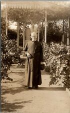 Catholic Priest In Garden Beautiful Gazebo and Statue Real Photo Postcard U2 picture