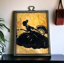 Vintage Silhouette Picture Victorian Woman With Hand Fan Pressed Flowers 3” X 4” picture