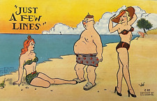 Comic Postcard Risque Pinup Two Sexy Women Swimsuit Beach Nice Legs Linen VJ picture