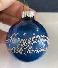 Vtg Shiny Brite Glass Ornament Blue/w White Stencil “Merry Christmas” & Holly picture